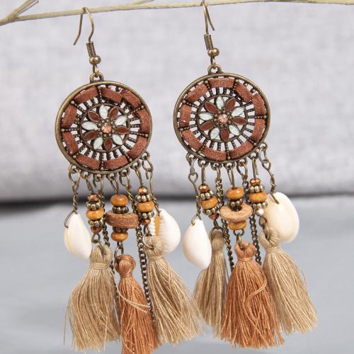 Tibetan Style Tassel Earring, with Polyester Cord & Shell, Geometrical Pattern, plated, Bohemian style & for woman & hollow, 25x105mm, Sold By Pair