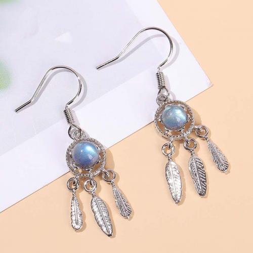Natural Gemstone Earrings Moonstone with Brass Dream Catcher silver color plated fashion jewelry & for woman grey 40mm Sold By Pair