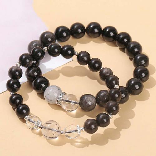Gemstone Bracelets Silver Obsidian with Black Rutilated Quartz & Zinc Alloy Round silver color plated fashion jewelry & Unisex & with rhinestone mixed colors Length Approx 18 cm Sold By Pair