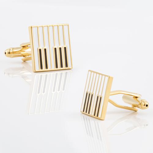 Cufflinks, Brass, Piano, gold color plated, for man & enamel, nickel, lead & cadmium free, 16x16mm, Sold By Pair