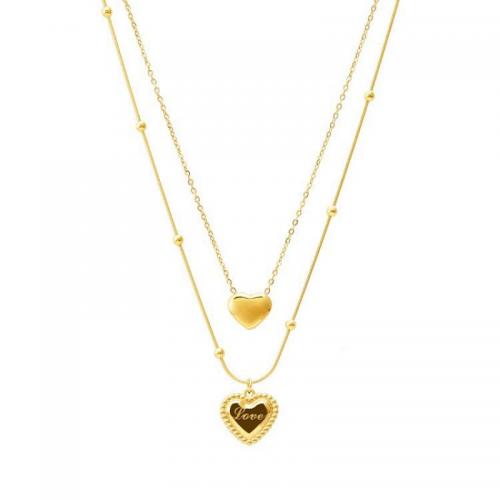 Titanstahl Halskette, mit Verlängerungskettchen von 5cm, Herz, Doppelschicht & Modeschmuck & für Frau, goldfarben, Länge:ca. 38 cm, verkauft von PC