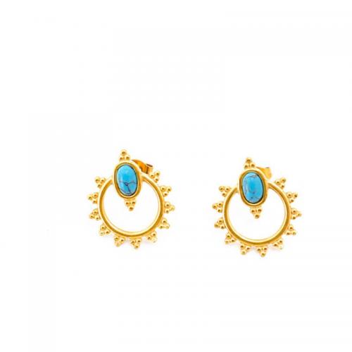 Titanium Steel  Earring with turquoise Vacuum Ion Plating fashion jewelry & for woman golden 18mm Sold By Pair