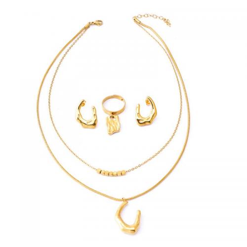 Jewelry Sets, Stud Earring & finger ring & necklace, Titanium Steel, with 4.5cm extender chain, Vacuum Ion Plating, Double Layer & three pieces & for woman, golden, Length:Approx 39 cm, Approx 45 cm, Sold By Set