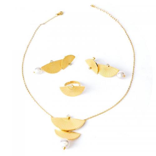 Jewelry Sets, finger ring & earring & necklace, Titanium Steel, with Plastic Pearl, with 5cm extender chain, Vacuum Ion Plating, three pieces & fashion jewelry & for woman, golden, Length:Approx 43 cm, Sold By Set