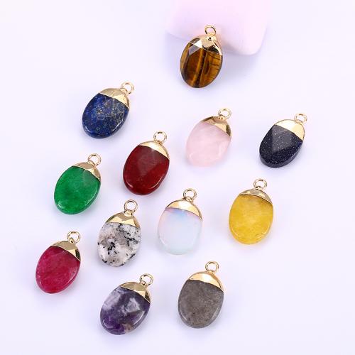 Gemstone Pendants Jewelry, Natural Stone, with Brass, Oval, gold color plated, DIY, Random Color, 13x22mm, Sold By PC