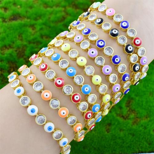 Evil Eye Jewelry Bracelet, Brass, Round, gold color plated, DIY & micro pave cubic zirconia & enamel, more colors for choice, Length:Approx 18 cm, 10PCs/Bag, Sold By Bag