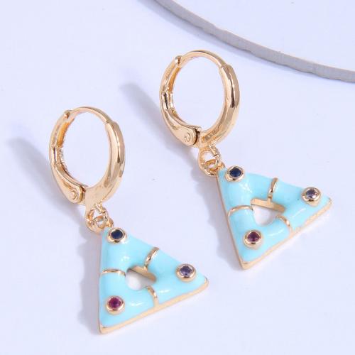 Huggie Hoop Drop Earring Brass Triangle gold color plated for woman & enamel & with rhinestone Sold By Pair