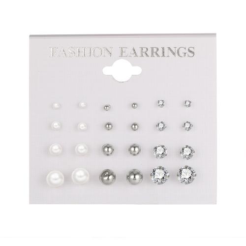 Tibetan Style Stud Earring, with Crystal & Plastic Pearl, 12 pieces & fashion jewelry & for woman, nickel, lead & cadmium free, Sold By Set