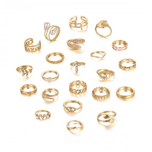 Juego de anillos de aleación de zinc, con Cristal & Perlas plásticas, chapado, Joyería & para mujer, dorado, libre de níquel, plomo & cadmio, Vendido por Set