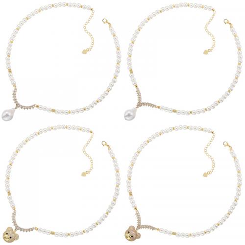 Glass Beads Halskæder, Messing, med Glass Pearl, mode smykker & forskellige stilarter for valg & Micro Pave cubic zirconia & for kvinde, nikkel, bly & cadmium fri, Længde Ca. 490 mm, Solgt af par