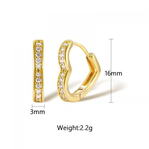 Cubic Zirconia Micro Pave Brass Earring, Heart, plated, micro pave cubic zirconia & for woman, golden, Sold By Pair