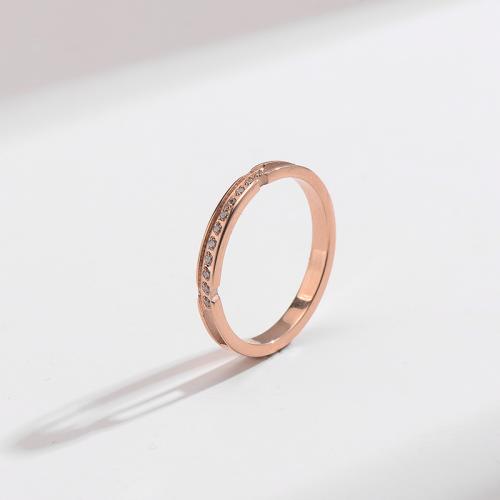 Titanium Steel Finger Ring, Vacuum Ion Plating, fashion jewelry & different size for choice & micro pave rhinestone & for woman, rose gold color, nickel, lead & cadmium free, Sold By PC