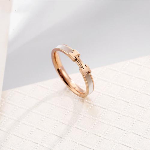 Titanium Steel Finger Ring, with White Shell, Vacuum Ion Plating, fashion jewelry & different size for choice & for woman, rose gold color, nickel, lead & cadmium free, Sold By PC