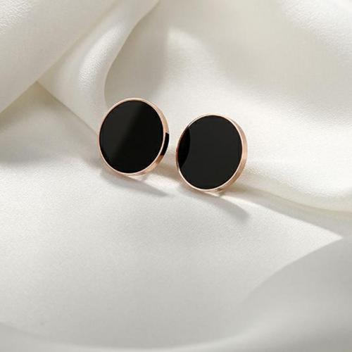 Titanium Steel  Earring, with Black Shell, Flat Round, Vacuum Ion Plating, fashion jewelry & for woman, black, nickel, lead & cadmium free, 12mm, Sold By Pair