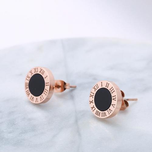 Titanium Steel  Earring with Black Shell Flat Round Vacuum Ion Plating fashion jewelry & for woman black nickel lead & cadmium free 12mm Sold By Pair