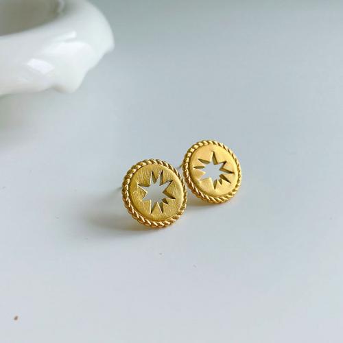 Titanium Steel  Earring Flat Round Vacuum Ion Plating fashion jewelry & for woman & hollow golden nickel lead & cadmium free 12mm Sold By Pair