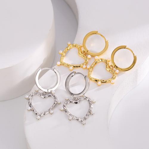 Huggie Hoop Drop Earring, Brass, with Plastic Pearl, Heart, plated, fashion jewelry & for woman, more colors for choice, nickel, lead & cadmium free, 36x23mm, Sold By Pair