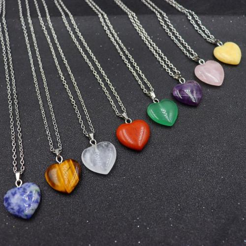 Natural Gemstone Necklace, Natural Stone, with Tibetan Style, Heart, silver color plated, different materials for choice & for woman, more colors for choice, 20x20x6mm, Length:Approx 40 cm, Sold By PC