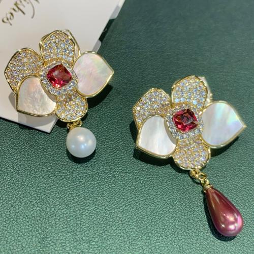 Cubic Zirconia Brooch, Brass, with Green Agate, Flower, 14K gold plated, different materials for choice & micro pave cubic zirconia & for woman, more colors for choice, nickel, lead & cadmium free, 43x30mm, Sold By PC