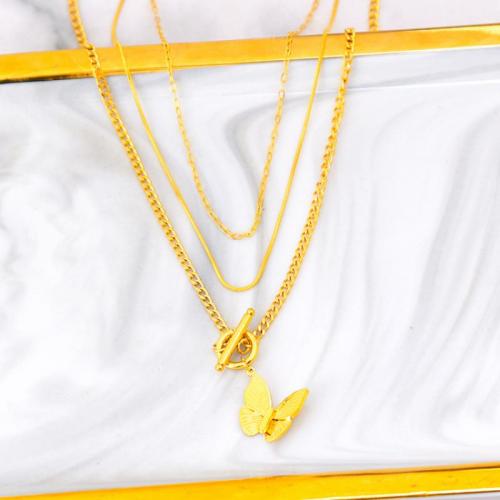 Collier d'acier titane, avec 6.5cm chaînes de rallonge, papillon, trois couches & bijoux de mode & pour femme, doré, Longueur:Environ 55 cm, Environ 38 cm, Environ 48 cm, Vendu par PC