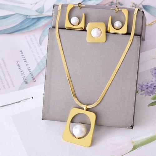 Jewelry Sets, Stud Earring & finger ring & necklace, Titanium Steel, with Plastic Pearl, with 4.5cm extender chain, Vacuum Ion Plating, three pieces & fashion jewelry & for woman, golden, ear stud 25mm,ring 20mm,pendant 35mm, Length:Approx 43.5 cm, Sold By Set