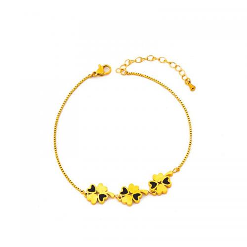 Fashion Jewelry Anklet, Titanium Steel, with 5.5cm extender chain, Four Leaf Clover, for woman & epoxy gel, golden, 14mm, Length:Approx 21.2 cm, Sold By PC