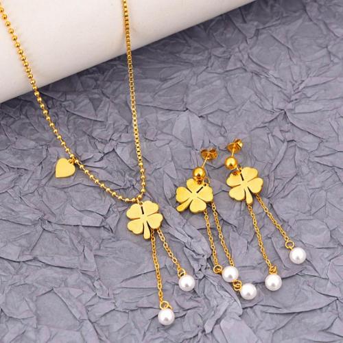 Jewelry Sets, Titanium Steel, with Plastic Pearl, with 6cm extender chain, Vacuum Ion Plating, fashion jewelry & different styles for choice & for woman, golden, earring 60mm, Length:Approx 40 cm, Sold By PC