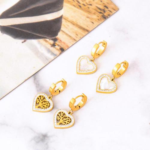チタン鋼のイヤリング, チタン鋼, とともに 白い貝, ハート形, ファッションジュエリー & 女性用 & ライン石のある, 金色, 16mm, 売り手 ペア