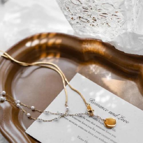 Edelstahl Schmuck Halskette, 316 L Edelstahl, mit Kunststoff Perlen, mit Verlängerungskettchen von 6cm, 18K vergoldet, Doppelschicht & Modeschmuck & für Frau, goldfarben, verkauft per ca. 39 cm Strang