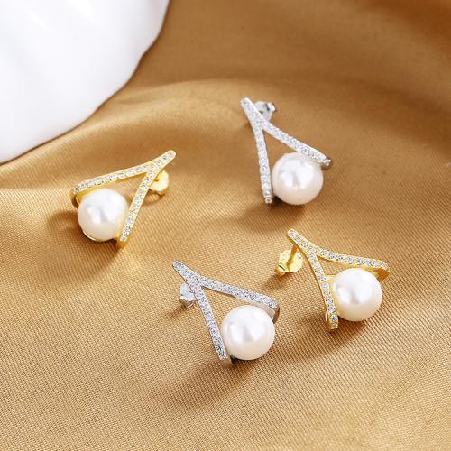 Cubic Zirconia Micro Pave Brass Earring with Shell Pearl plated fashion jewelry & micro pave cubic zirconia & for woman nickel lead & cadmium free Sold By Pair