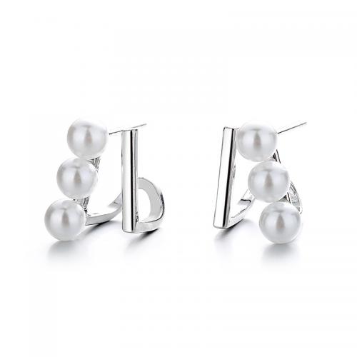 Brass Stud Earring with Shell Pearl plated fashion jewelry & for woman silver color nickel lead & cadmium free Sold By Pair