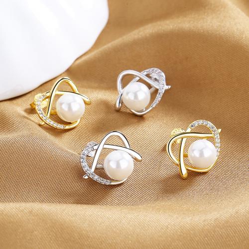Cubic Zirconia Micro Pave Brass Earring, with Shell Pearl, plated, fashion jewelry & micro pave cubic zirconia & for woman, more colors for choice, nickel, lead & cadmium free, 13x12mm, Sold By Pair