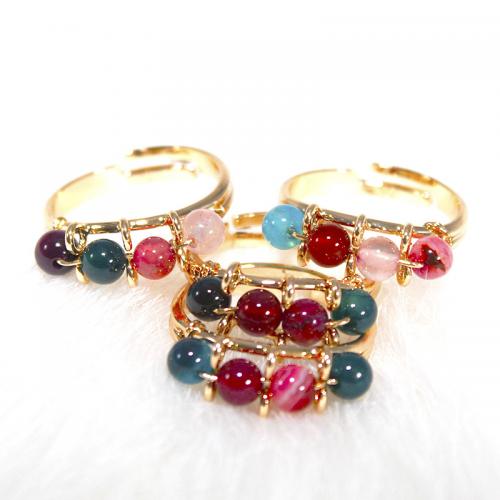Agate Finger Ring, with Brass, Round, gold color plated, fashion jewelry & Unisex, mixed colors, inner diameter:17~20mm, Sold By PC