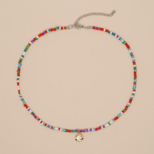 Glass Seed Beads Necklace, Seedbead, with Tibetan Style, with 5cm extender chain, Flat Round, plated, fashion jewelry & Unisex & enamel, more colors for choice, Length:Approx 40 cm, Sold By PC