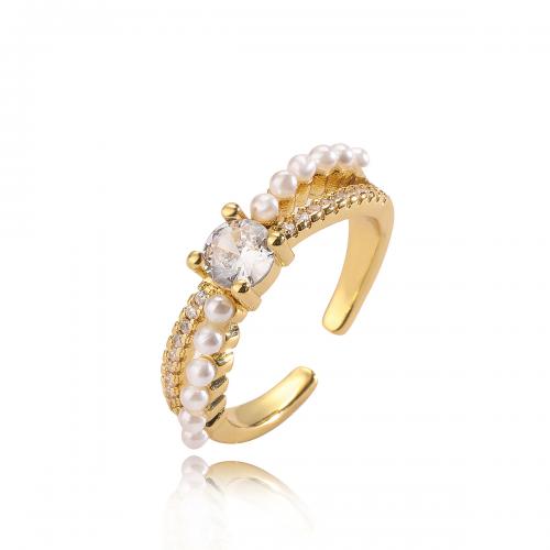 Kubisk Circonia Micro bane messing Ring, med Plastic Pearl, 18K forgyldt, mode smykker & forskellige stilarter for valg & Micro Pave cubic zirconia & for kvinde, nikkel, bly & cadmium fri, Solgt af PC