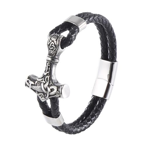 PU Leather Cord Bracelets with 304 Stainless Steel hammer vintage & for man black Sold By PC