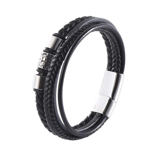 PU Leather Cord Bracelets with 304 Stainless Steel vintage & for man black Sold By PC