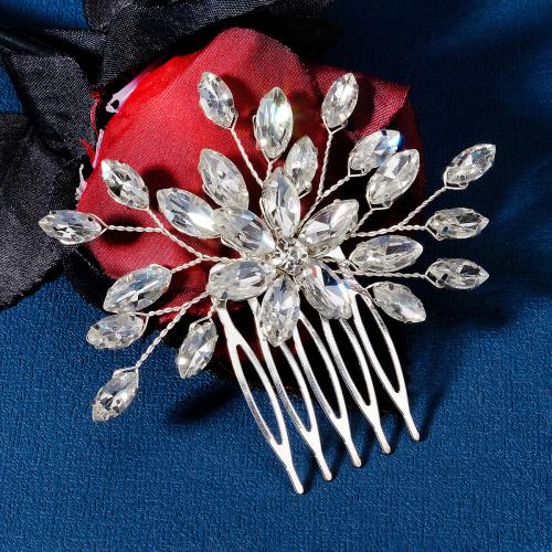 Decorative Hair Combs Zinc Alloy Flower plated fashion jewelry & with rhinestone silver color nickel lead & cadmium free Sold By PC