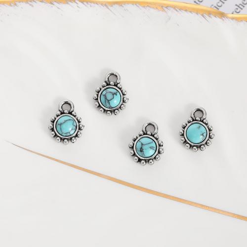 Tibetan Style Flower Pendants, with turquoise, plated, DIY, silver color, nickel, lead & cadmium free, 10x7mm, 100PCs/Bag, Sold By Bag