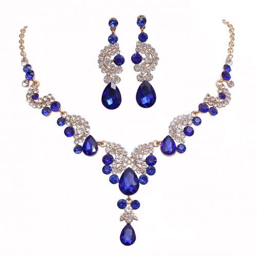 Tibetan Style Jewelry Sets, earring & necklace, with Rhinestone, 2 pieces & fashion jewelry & for woman & with rhinestone, more colors for choice, nickel, lead & cadmium free, 60mm, Length:Approx 49 cm, Sold By Set