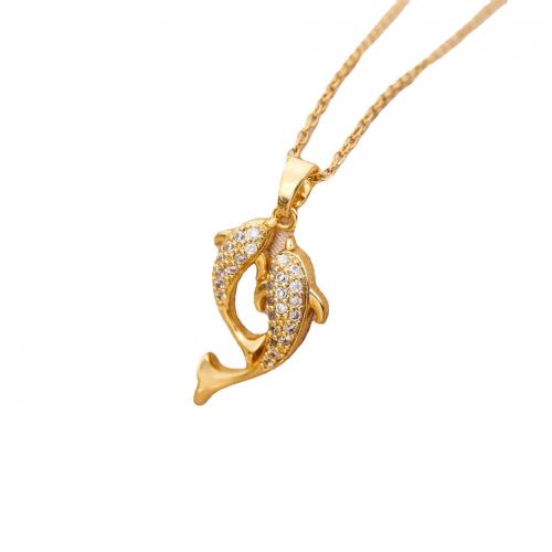Titanium Steel Necklace, Fish, gold color plated, oval chain & micro pave cubic zirconia & for woman, Length:Approx 17.7 Inch, Sold By PC