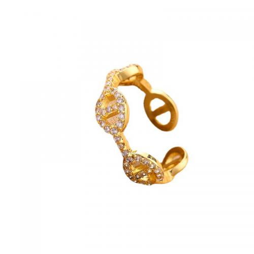Partículas de acero Anillo de dedo Cuff, chapado en color dorado, para mujer & con diamantes de imitación & hueco, tamaño:6-8, Vendido por UD