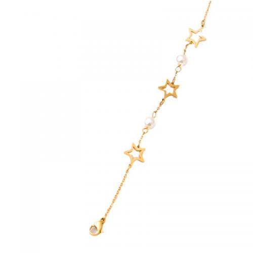 Titanium Steel Bracelet with Plastic Pearl Star gold color plated for woman & hollow Length Approx 6.7 Inch Sold By PC