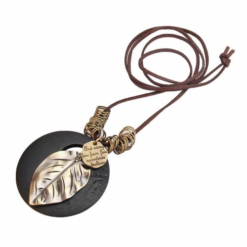Zinc Alloy Sweater Necklace with Velveteen Cord & Wood Leaf plated vintage & for woman Length Approx 31.5 Inch Sold By PC