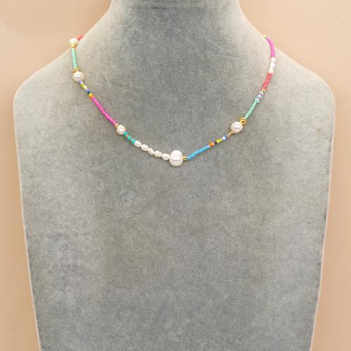 Seed verre collier de perles, Seedbead, avec perle d'eau douce cultivée & alliage de zinc, avec 5cm chaînes de rallonge, Placage de couleur d'or, bijoux de mode & pour femme, couleurs mélangées, Longueur:Environ 42 cm, Vendu par PC