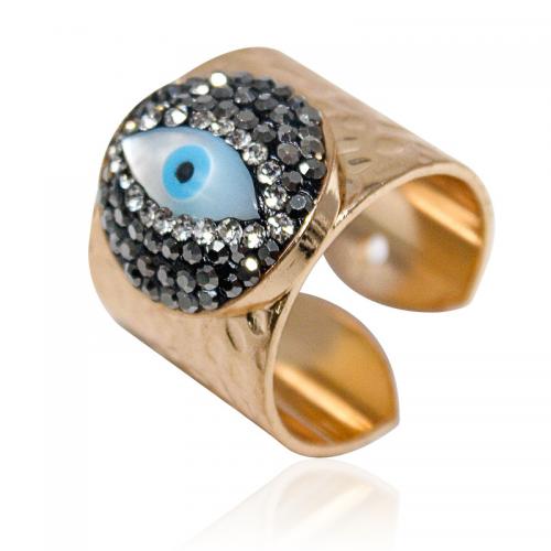 Evil Eye Smykker Finger Ring, Messing, med rhinestone ler bane & Shell & Zinc Alloy, guldfarve belagt, mode smykker & Unisex, blandede farver, nikkel, bly & cadmium fri, inner diameter:17~20mm, Solgt af PC