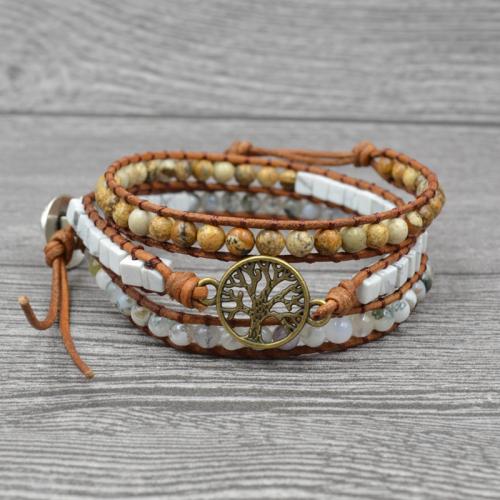 Gemstone Bracelets, Tibetan Style, with Howlite & leather cord & Picture Jasper & Agate, Flat Round, plated, Adjustable & fashion jewelry & multilayer & Unisex & hollow, mixed colors, nickel, lead & cadmium free, Length:Approx 51 cm, Sold By PC