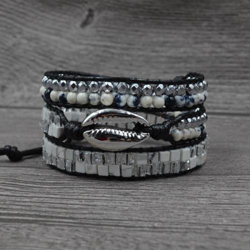 Gemstone Bracelets, Tibetan Style, with Howlite & Wax Cord & Gemstone & Hematite & Crystal, Shell, silver color plated, Adjustable & fashion jewelry & multilayer & Unisex, mixed colors, nickel, lead & cadmium free, Length:Approx 51 cm, Sold By PC