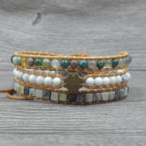 Gemstone Bracelets Zinc Alloy with Howlite & leather cord & Agate & Indian Agate Four Leaf Clover plated Adjustable & fashion jewelry & multilayer & Unisex mixed colors nickel lead & cadmium free Length Approx 51 cm Sold By PC