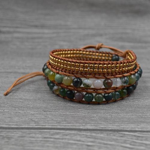 Gemstone Bracelets, Tibetan Style, with leather cord & Indian Agate & Brass, Round, plated, Adjustable & fashion jewelry & multilayer & Unisex, mixed colors, nickel, lead & cadmium free, Length:Approx 51 cm, Sold By PC